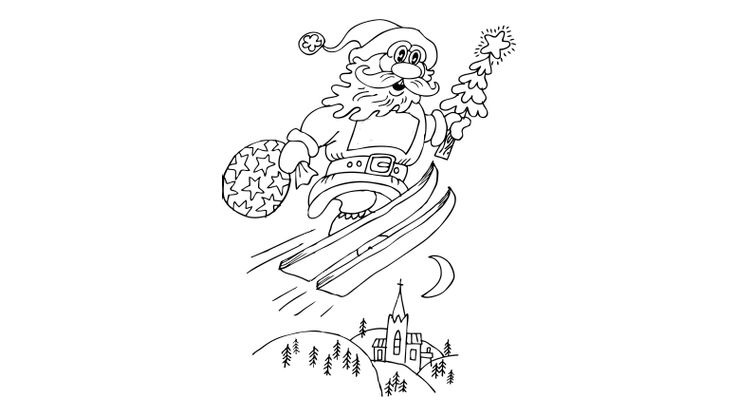 Coloriage Noël - Noël : le Père Noël à skis 